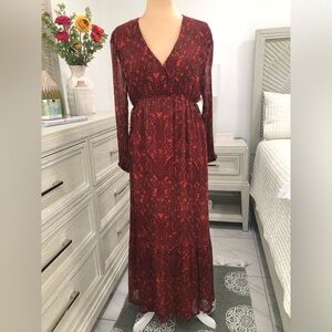 Nicole Miller Red Bishop Sleeve V-Neck Gown